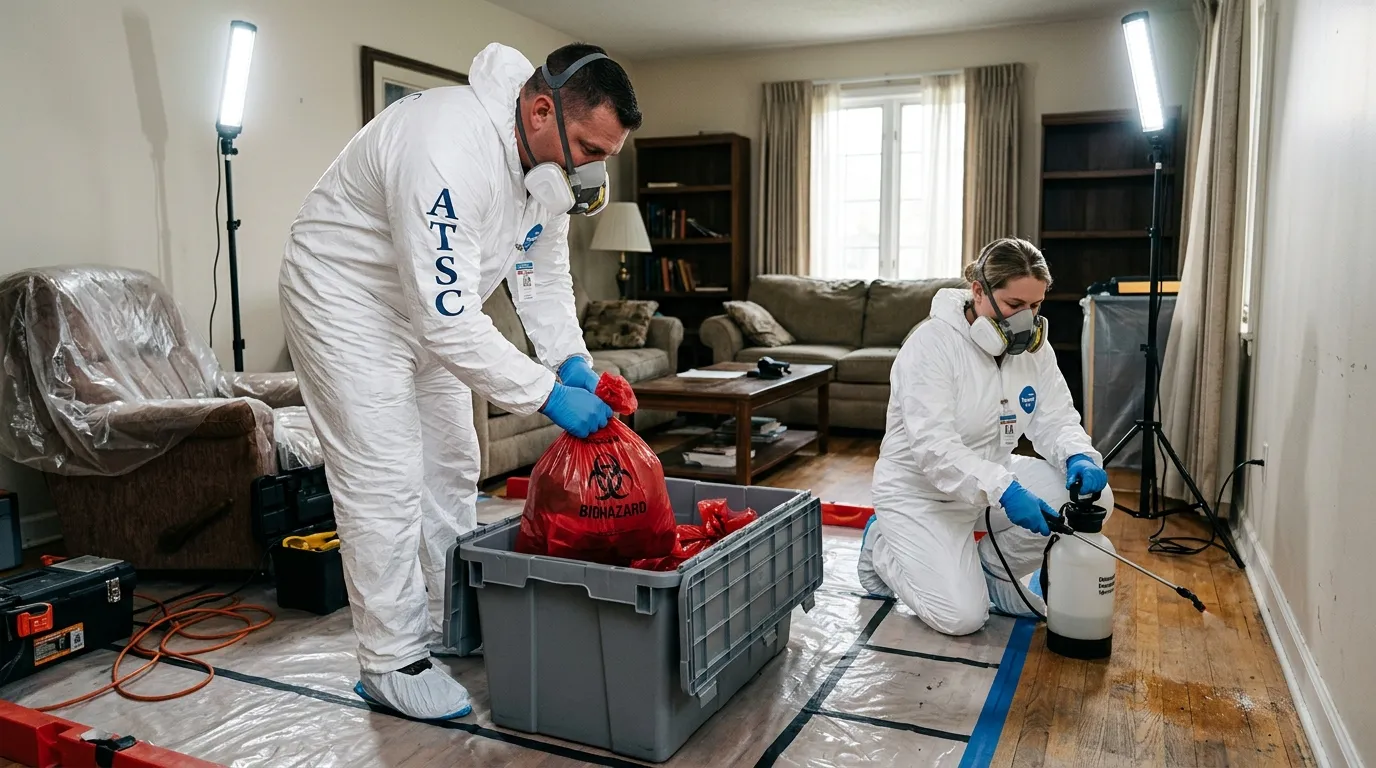 Professional Biohazard Cleanup technician in full PPE working in Torrance
